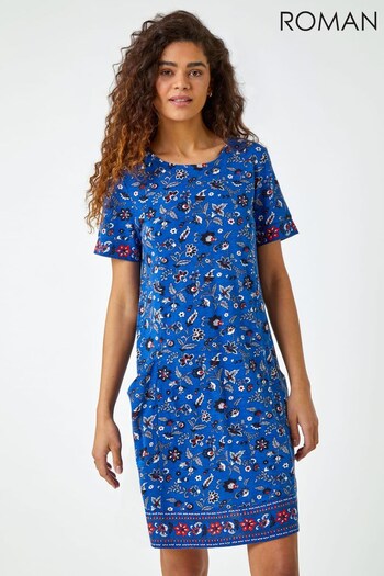 Roman Blue Floral Border Print Swing cotton Dress (Q57826) | £42