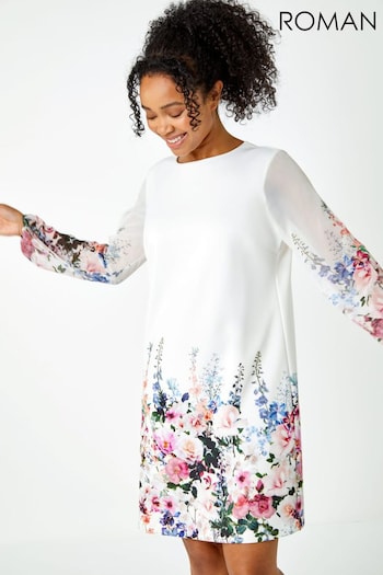Roman White Petite Premium Stretch Floral Shift Dress (Q57841) | £52