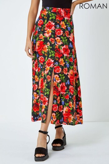 Roman Red Floral Print Button Detail Maxi Skirt (Q57859) | £28