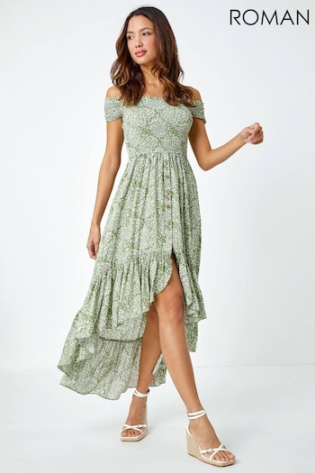Roman Green Printed Shirred Stretch Bardot Dress (Q57878) | £38