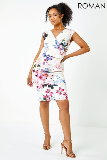 Roman White Petite Premium Stretch Floral Wrap Dress (Q57888) | £55