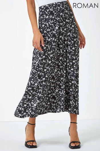 Roman Black Ditsy Floral Print Midi Skirt (Q57899) | £26
