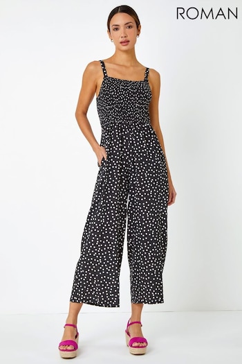 Roman Black Polka Dot Print Stretch Jumpsuit (Q57931) | £38