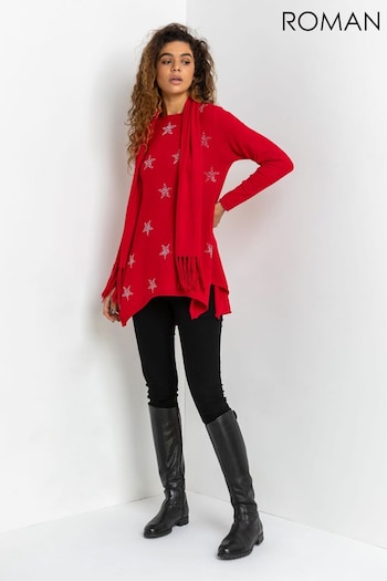 Roman Red Star Print Knitted Tunic with Tassel Scarf (Q57948) | £42