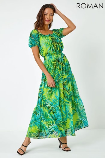 Roman Green Palm Print Tiered Maxi Dress (Q57951) | £60