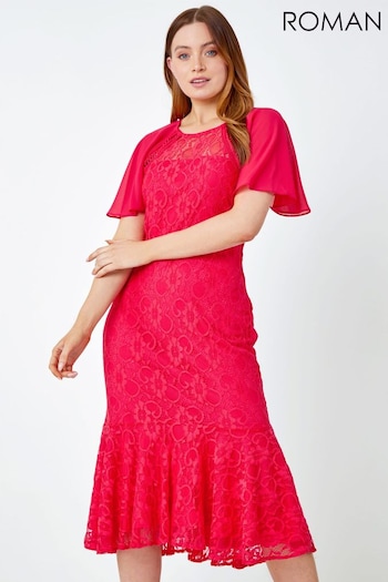 Roman Pink Angel Sleeve Stretch Lace Midi Dress (Q57973) | £50