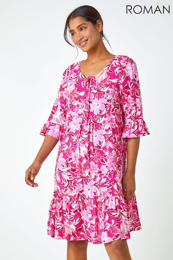 Roman Pink Floral Print Frill Detail Smock Dress (Q57981) | £38