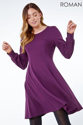 Roman Purple Embellished Cuff Skater Dress (Q58012) | £40