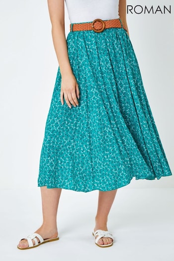 Roman Green Ditsy Floral Print Belted Midi Skirt (Q58015) | £35