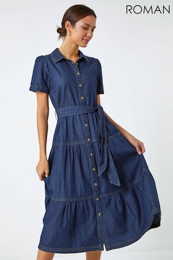 Roman Blue Denim Tiered Cotton Midi Dress (Q58021) | £45