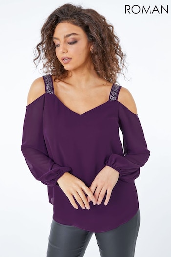 Roman Purple Petite Embelished Cold Shoulder Top (Q58031) | £32