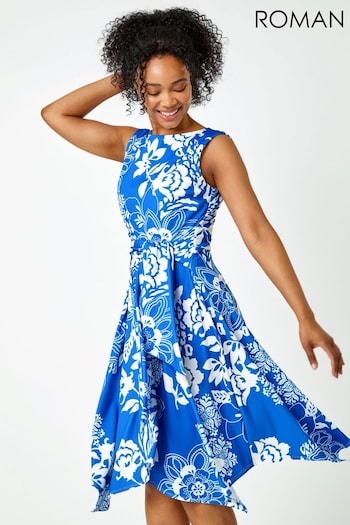 Roman Blue Petite Tie Waist Floral Stretch Dress (Q58037) | £42
