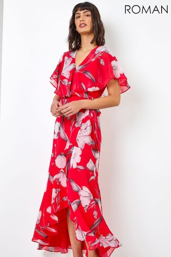 Roman Red Floral Print Frill Cape Midi Dress (Q58041) | £58