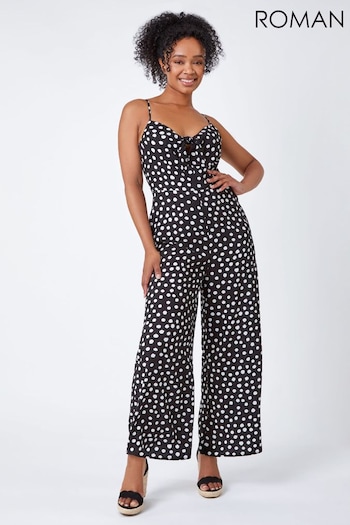 Roman Black Petite Full Length Polka Dot Jumpsuit (Q58046) | £45