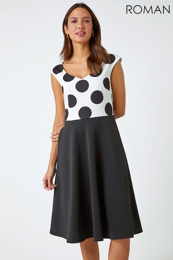 Roman Black Premium Stretch Spot Print Dress (Q58048) | £50