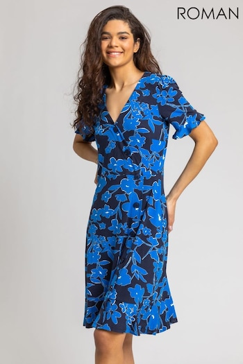 Roman Blue Floral Side Button Tea Dress (Q58051) | £40