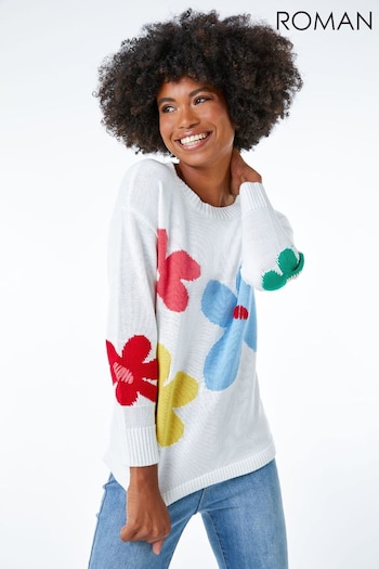 Roman White Oversized Floral Print Jumper (Q58052) | £36