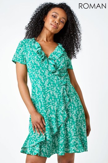 Roman Green Petite Floral Print Ruffle Dress (Q58068) | £38