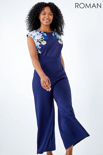 Roman Blue Petite Scuba Floral Printed Jumpsuit (Q58071) | £55