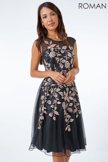 Roman Black Floral Embroidered Fit & Flare Dress (Q58073) | £75