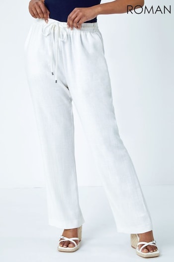 Roman White Petite Wide Leg Linen Trousers (Q58077) | £28