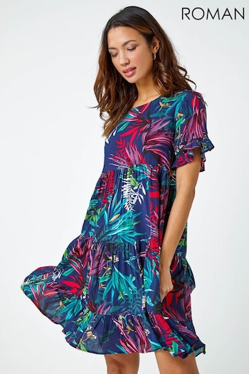 Roman Blue Tropical Frill Sleeve Tiered Smock Dress (Q58080) | £40