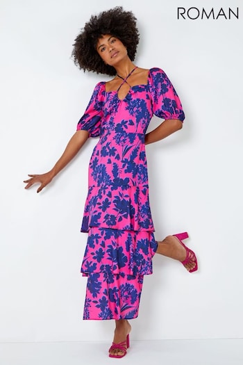 Roman Pink Floral Puff Sleeve Tiered Frill Maxi Dress (Q58087) | £65