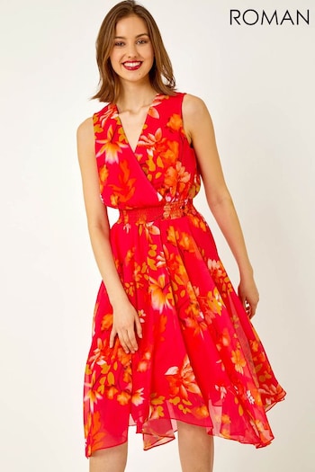 Roman Red Sleeveless Tropical Print Shirt Dress (Q58114) | £55