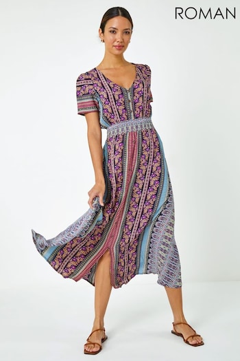 Roman Purple Floral Print Fit and Flare Maxi Dress (Q58130) | £45