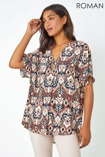 Roman Brown Button Detail Aztec Print Top (Q58132) | £32