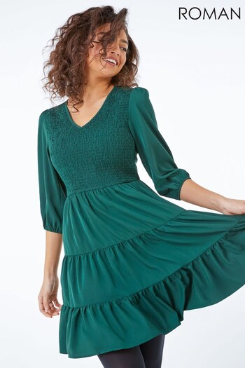 Roman Green Petite Shirred Tiered Dress (Q58134) | £40