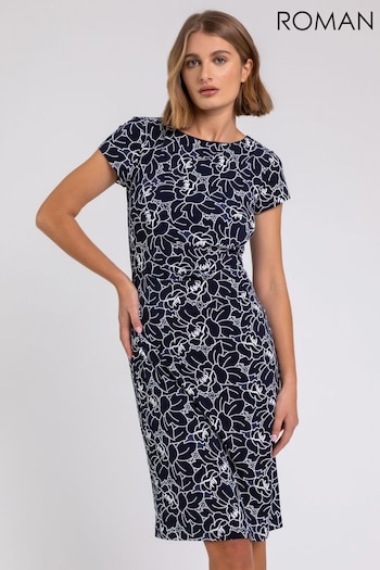 Roman Blue Floral Puff Print Side Ruched Dress smocked-detail (Q58144) | £38
