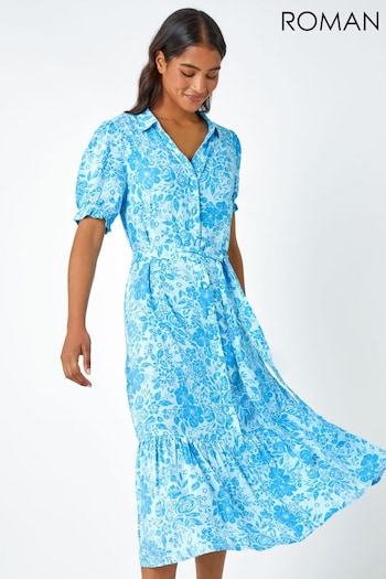 Roman Blue Floral Print Frill Hem Shirt Dress (Q58169) | £42