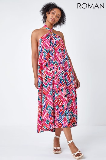Roman Pink Petite Midi Halterneck Print Dress (Q58172) | £45