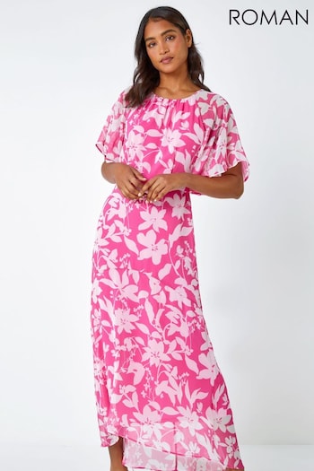 Roman Pink Floral Frill Detail Chiffon Dress (Q58182) | £58