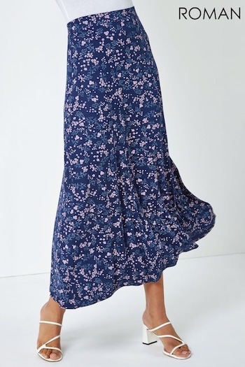 Roman Blue Floral Print Stretch Midi Skirt (Q58211) | £26