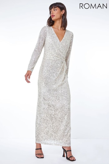 Roman Silver Sequin Wrap Stretch Maxi Dress (Q58212) | £80