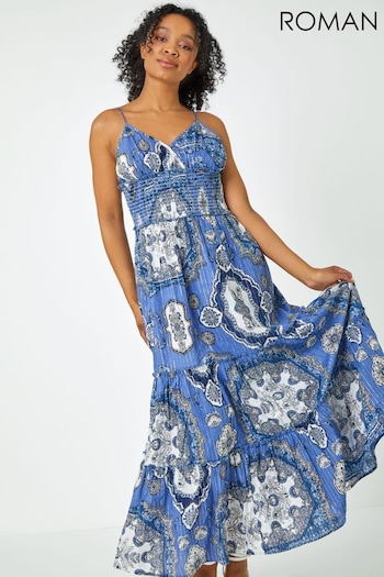 Roman Blue Petite Shirred Waist Tiered Maxi Dress (Q58236) | £45