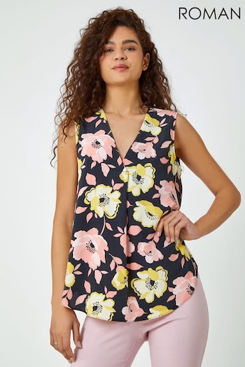 Roman Yellow Sleeveless Floral Pleat Front Top (Q58241) | £30