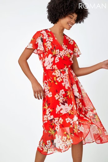 Roman Red Floral Print Chiffon Wrap Dress (Q58243) | £50