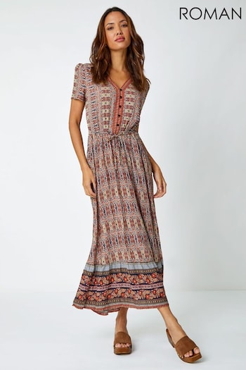 Roman Brown Boho Print Fit and Flare Maxi Suede Dress (Q58261) | £42