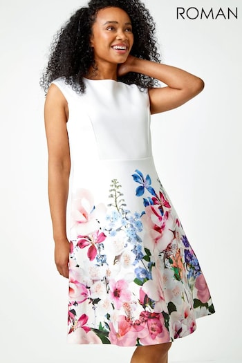 Roman White Premium Stretch Floral Dress (Q58266) | £55