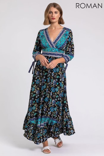 Roman Black Floral Border Print Maxi Dress (Q58270) | £48