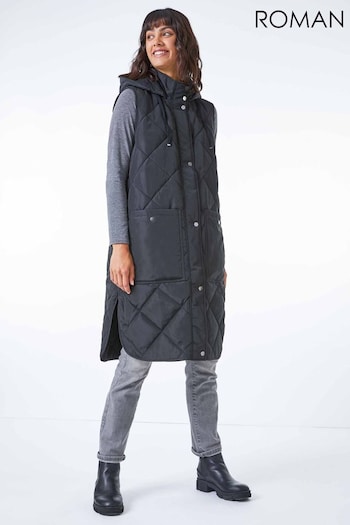 Roman Black Quilted Longline Hooded Gilet (Q58295) | £60
