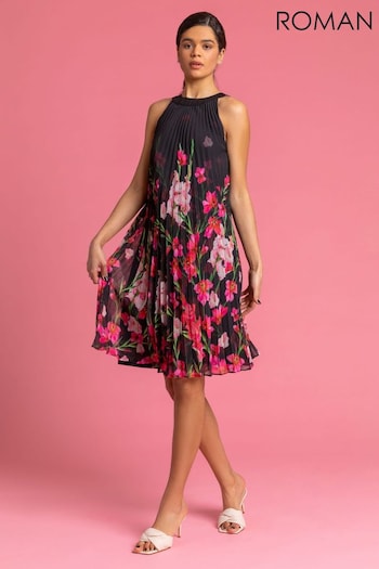 Roman Black High Neck Floral Pleated Swing Dress EMBOSSED (Q58307) | £65
