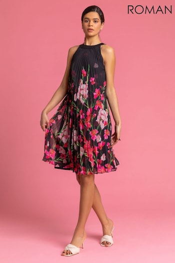 Roman Black High Neck Floral Pleated Swing Flight Dress (Q58307) | £65