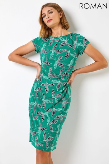 Roman Green Floral Puff Print Side Ruched Dress (Q58313) | £40