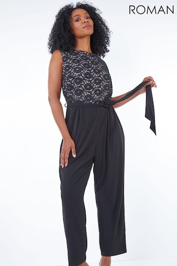 Roman Black Petite Lace Belted Stretch Jumpsuit (Q58328) | £55