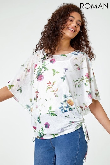 Roman White Floral Print Ruched Side Tie Top (Q58329) | £26