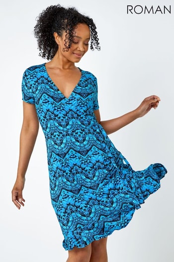 Roman Blue Roman Petite Patterned Tie Detail Wrap Dress (Q58354) | £38